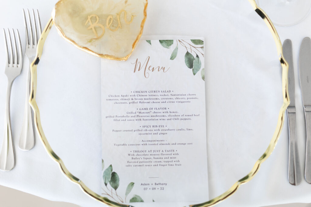 wedding menu for Bethany and Adam at Le Ciel Santorini