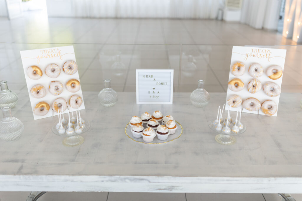 donut treat yourself station at Bethany and Adam's wedding at Le Ciel Santorini