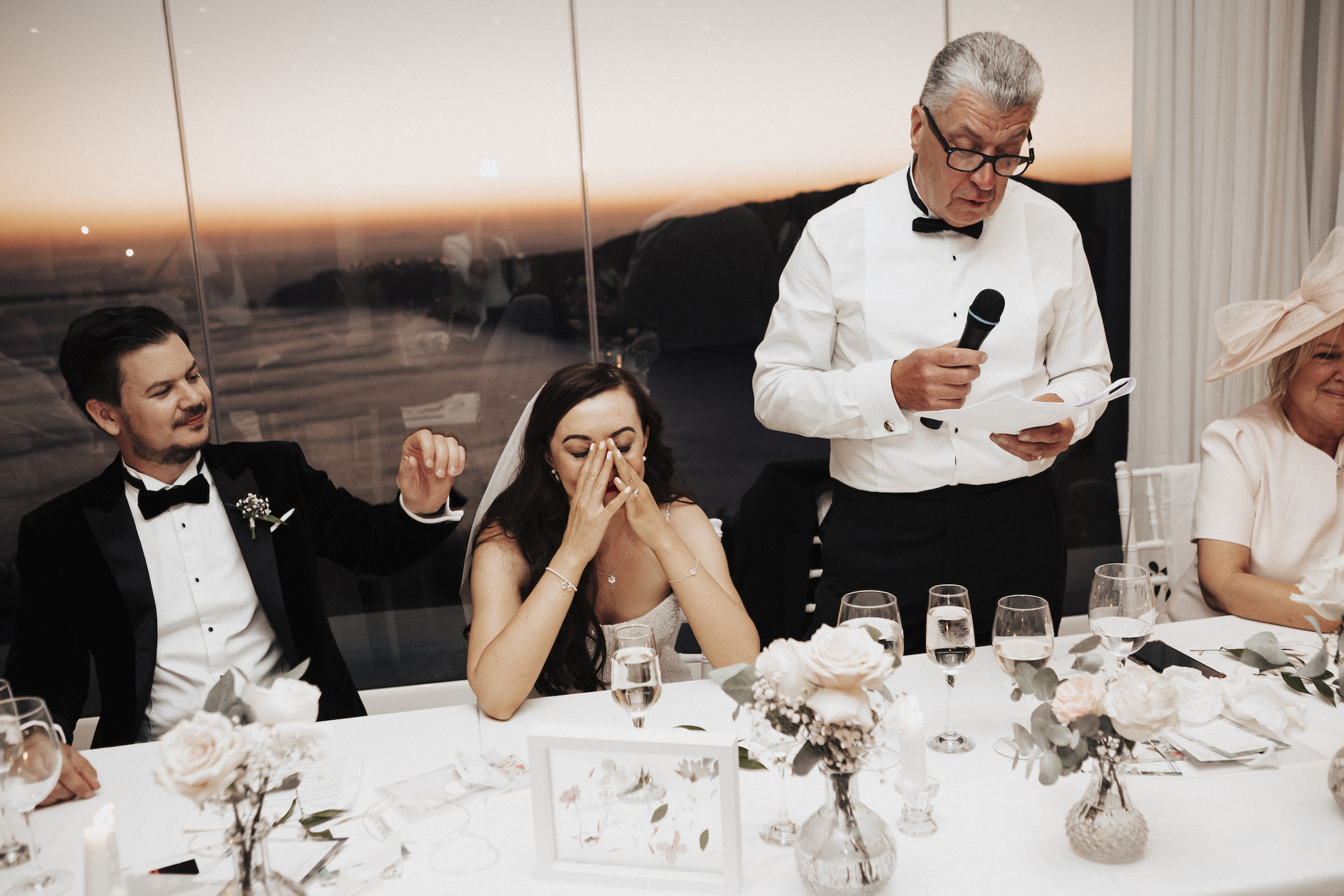 bride feeling emotional during father's speech at Le Ciel wedding