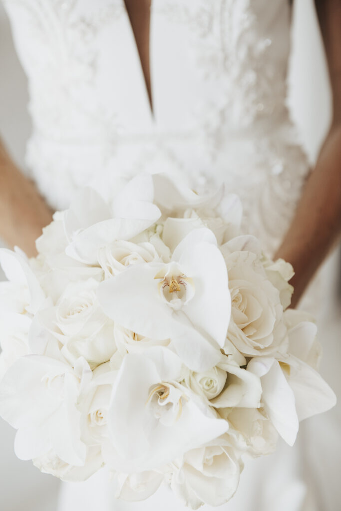 close up of bride's white bouquet