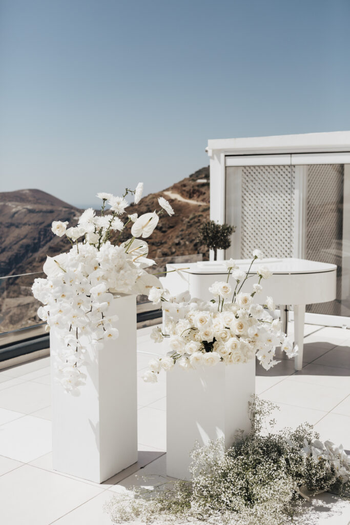 outdoor floral arrangements at Santorini destination wedding