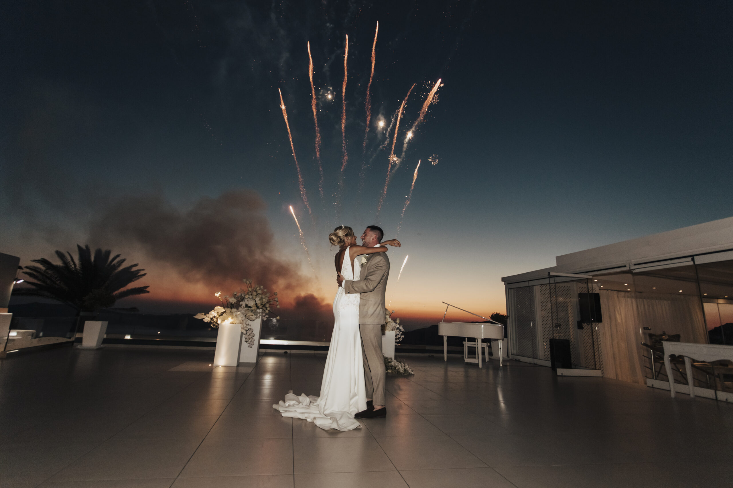 fireworks at Le Ciel Santorini destination wedding
