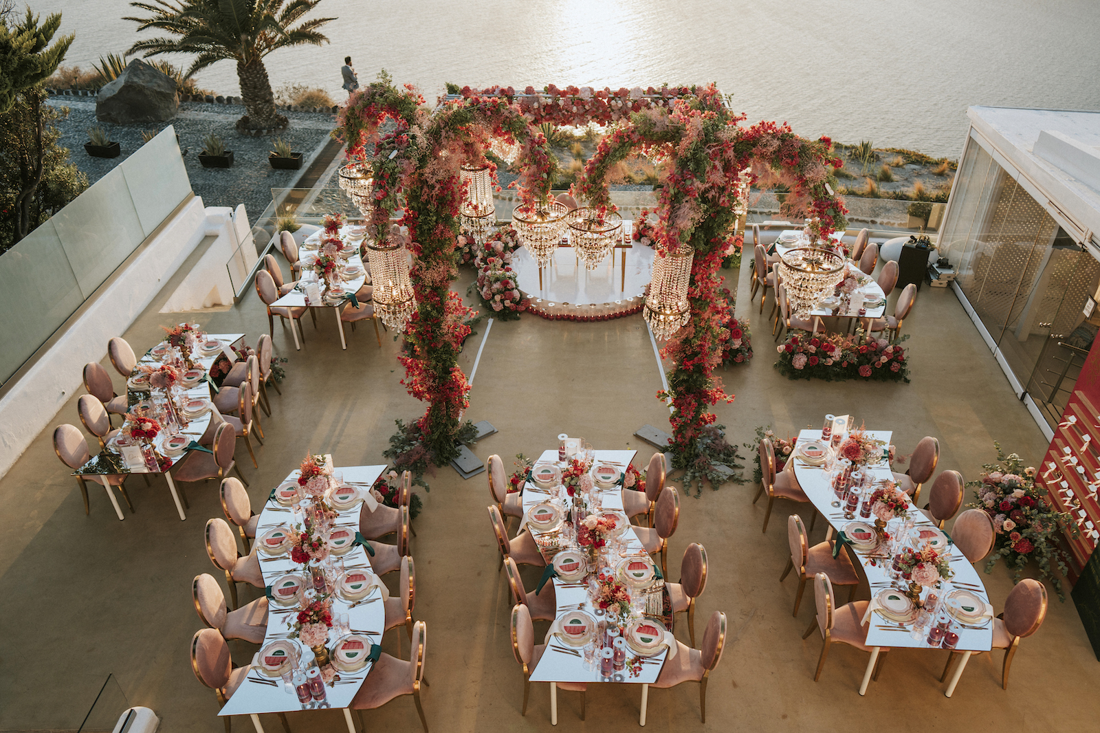 reception set up at le Ciel Santorini for Leeda and Varun's wedding
