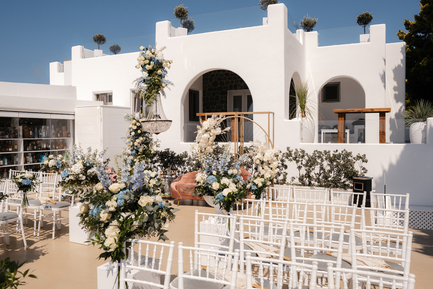 wedding ceremony set up at Le Ciel Santorini
