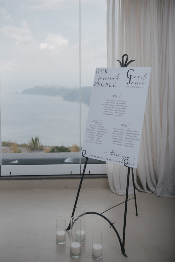 Seating plan at wedding reception at Le Ciel Santorini