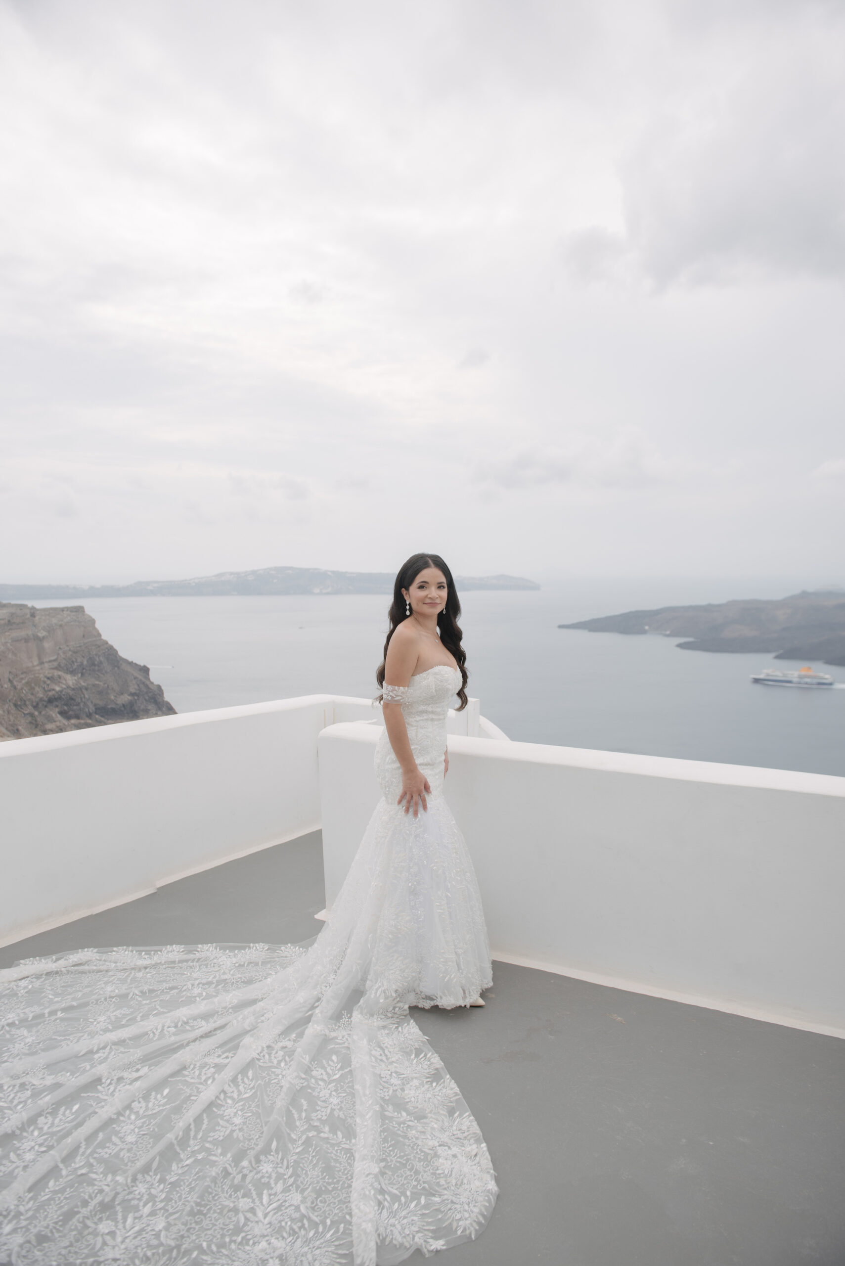 Carol in her lace applique bridal gown 