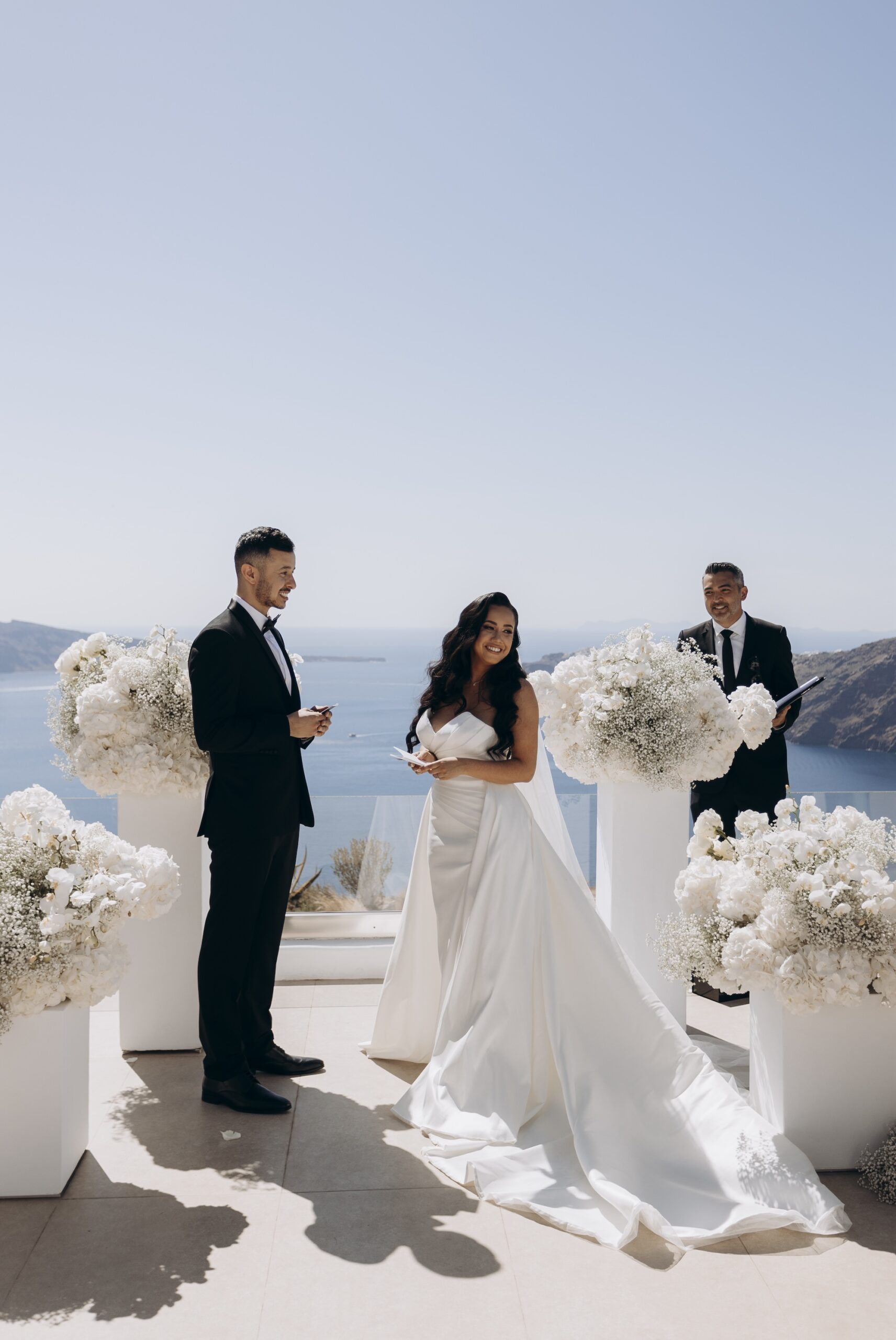 bride and groom smiling at le Ciel wedding ceremony