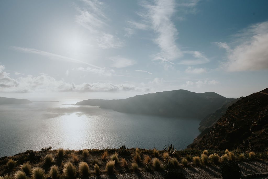 view from clifftop at le Ciel santorini destination wedding